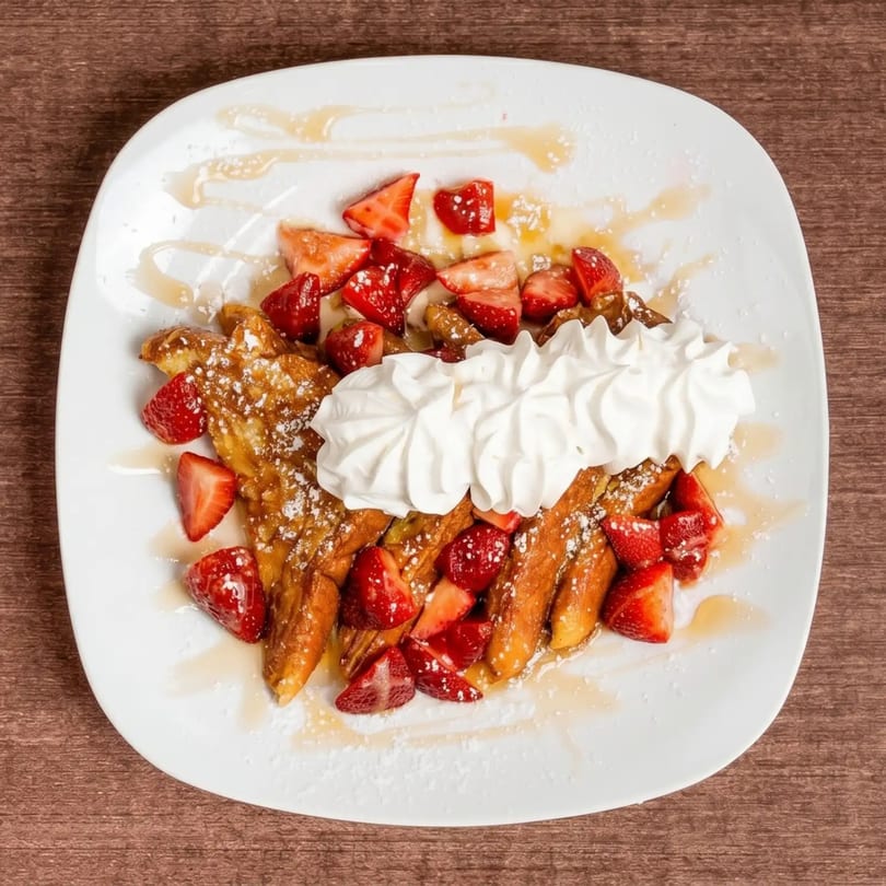 Golden French toast sticks topped with whipped cream, fresh strawberries, powdered sugar, and syrup.